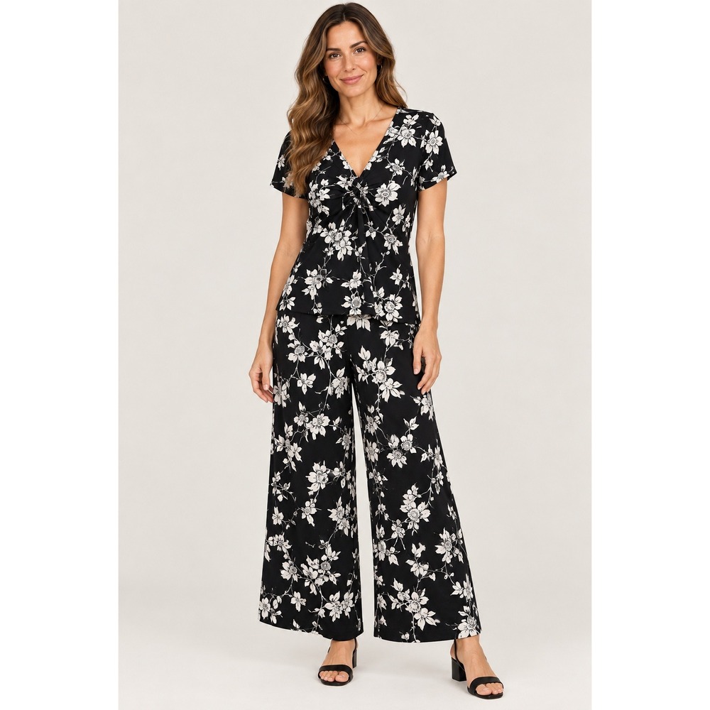 CHAPS 2 Piece Set Womens L Black Floral Twist Top Wide Leg Crop Pants Stretch